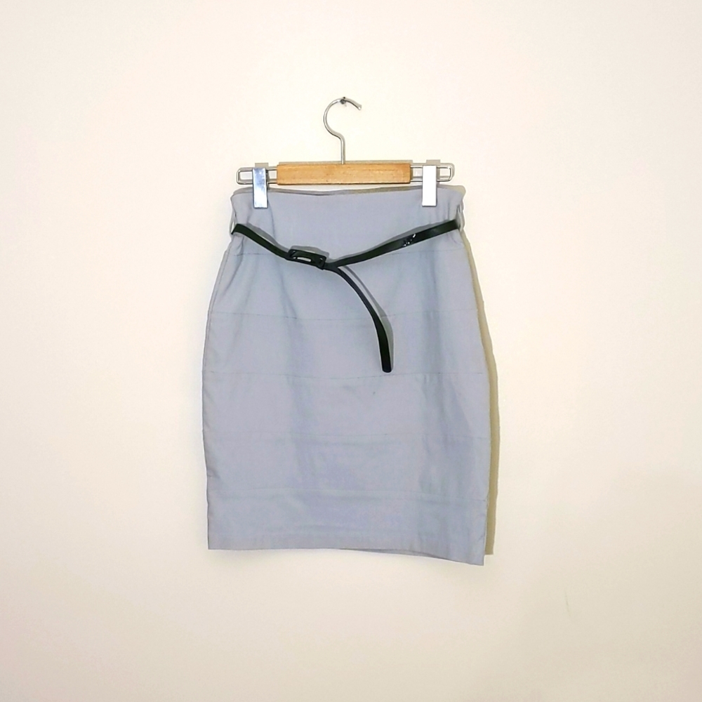 Limite| Grey Pencil Mini Skirt With Thin Black Belt Side Zippered Rayon Blend